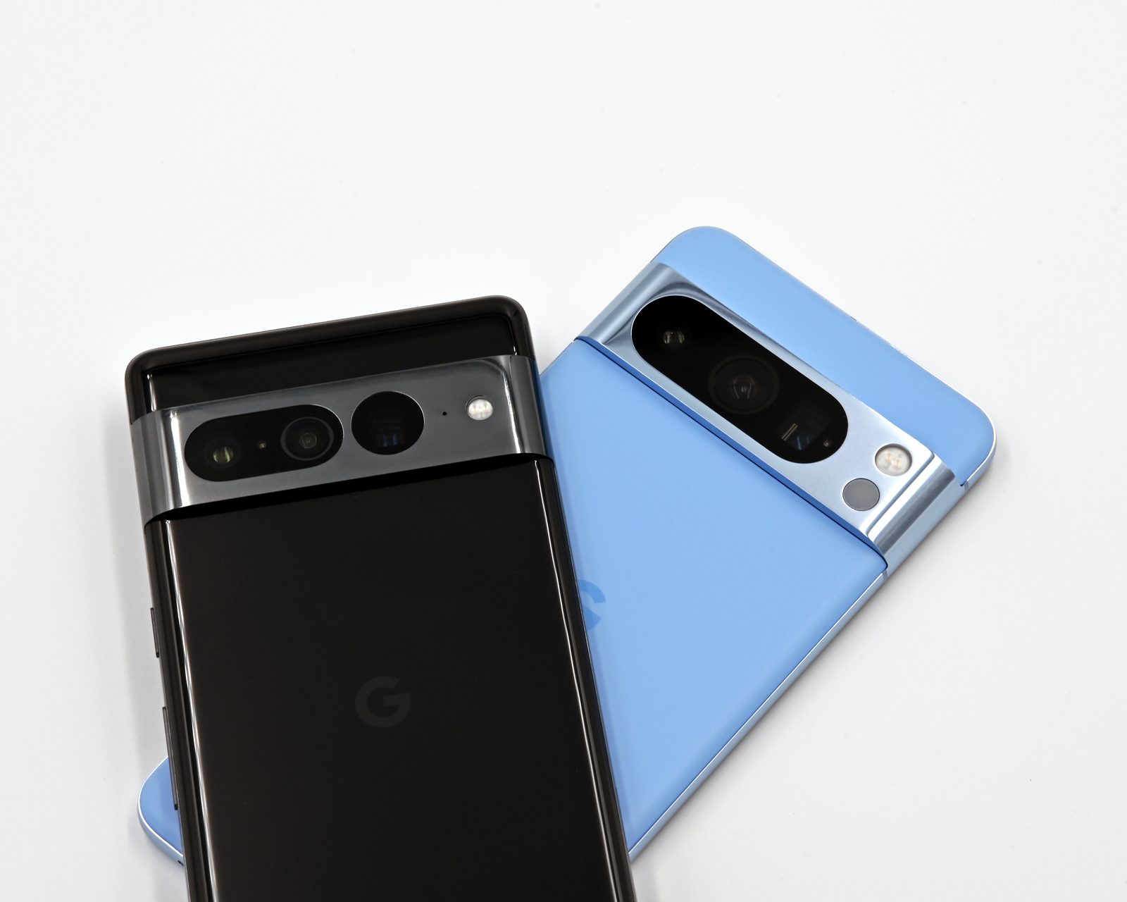 A Google Pixel 8 Pro beside a Pixel 7 Pro — an actual Pixel phone, not a Pixel 10.
